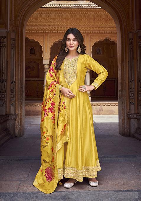 Yellow Zari Embroidered Art Silk Kurta Set