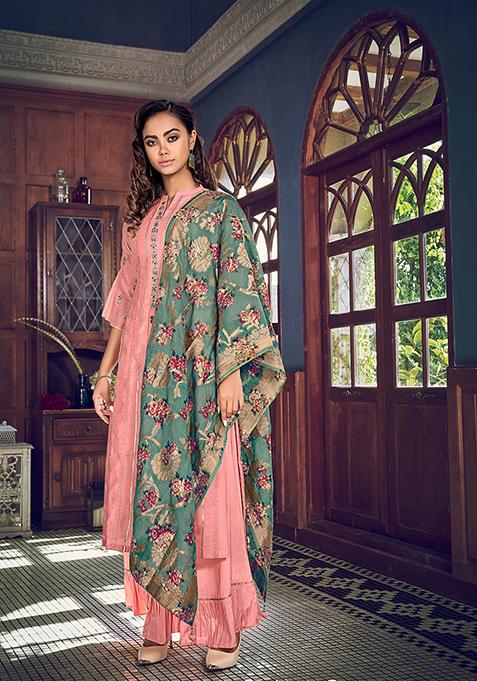 Pink Resham Embroidered Art Silk Kurta Set