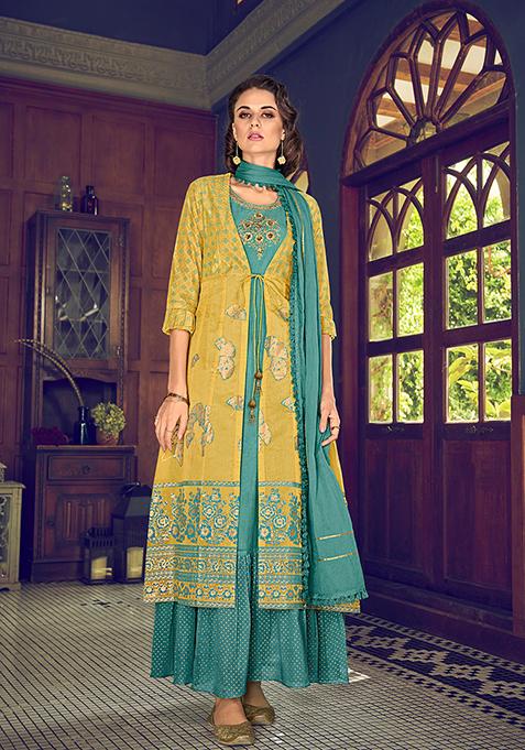 Mustard Resham Embroidered Art Silk Kurta Set