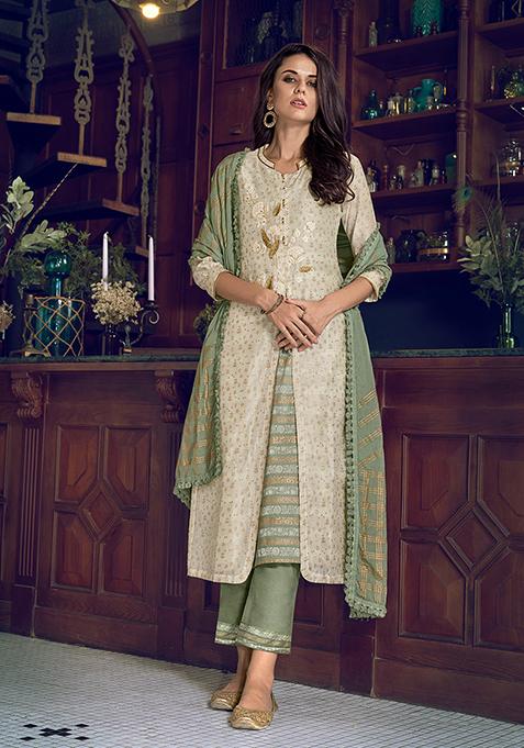 Off White Resham Embroidered Art Silk Kurta Set