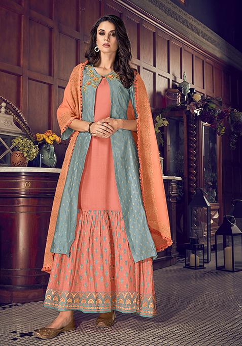 Grey Resham Embroidered Art Silk Kurta Set