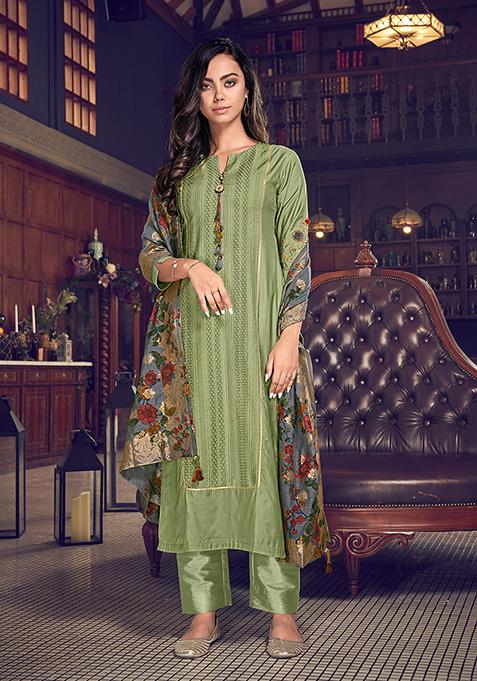 Green Resham Embroidered Art Silk Kurta Set