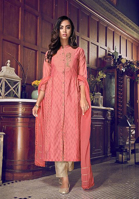 Pink Resham Embroidered Art Silk Kurta Set