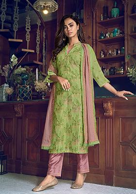 Green Resham Embroidered Art Silk Kurta Set