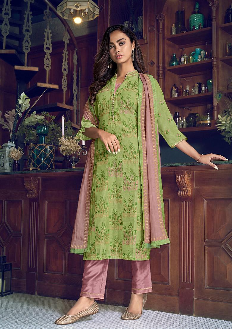 Green Resham Embroidered Art Silk Kurta Set