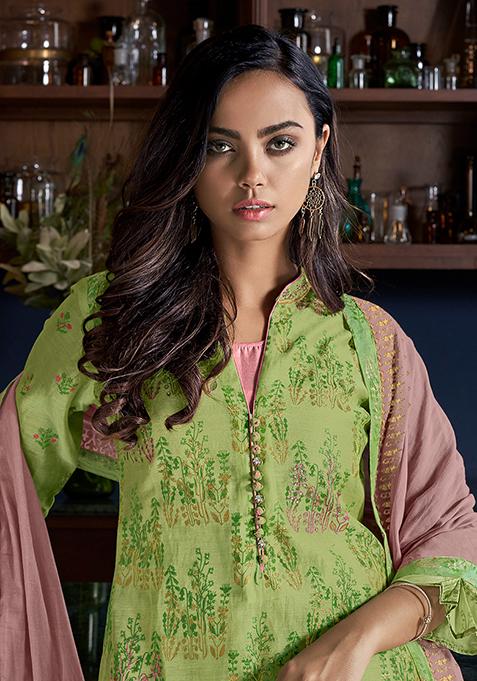 Green Resham Embroidered Art Silk Kurta Set