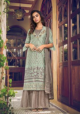 Blue Resham Embroidered Art Silk Kurta Set
