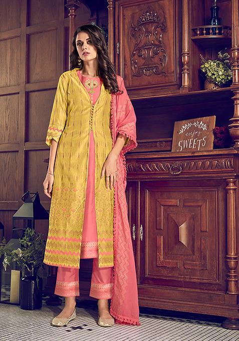 Mustard Resham Embroidered Art Silk Kurta Set