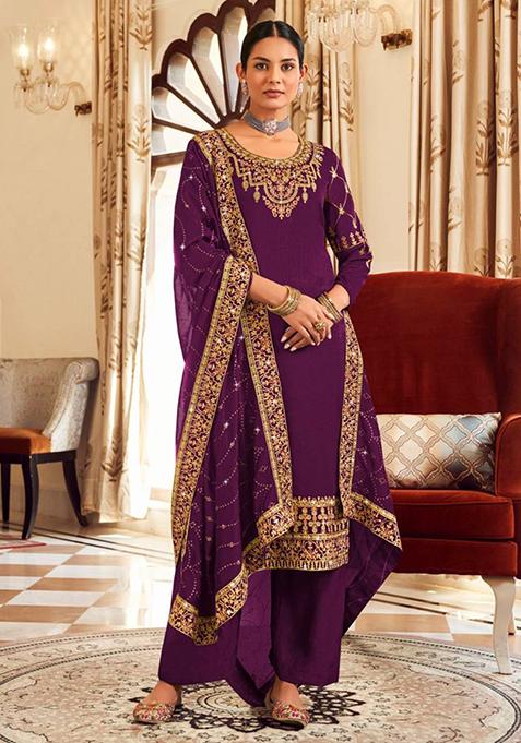 Wine Embroidered Silk Kurta Set