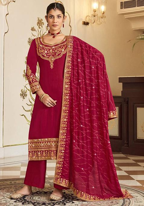 Rani Pink Embroidered Silk Kurta Set