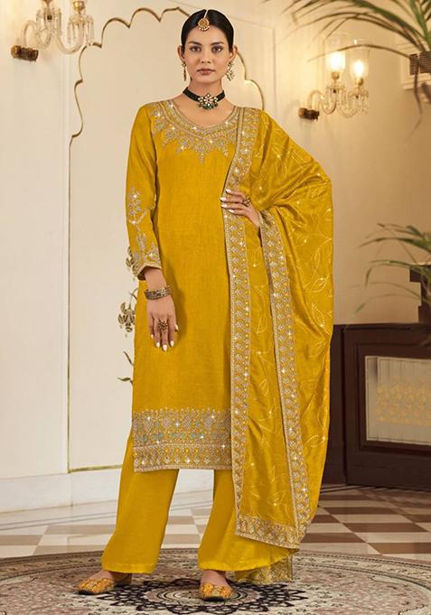 Yellow Embroidered Silk Kurta Set