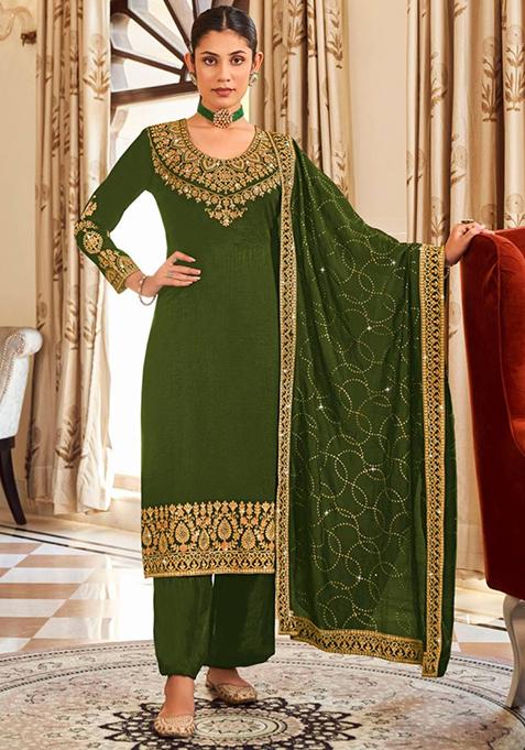 Green Embroidered Silk Kurta Set