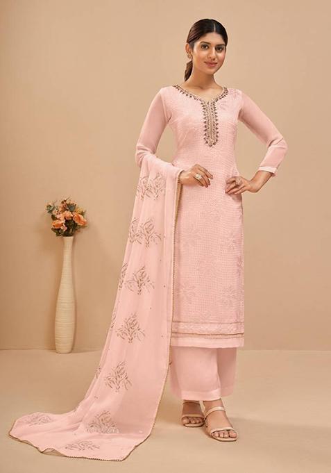 Light Pink Embroidered Georgette Kurta Set