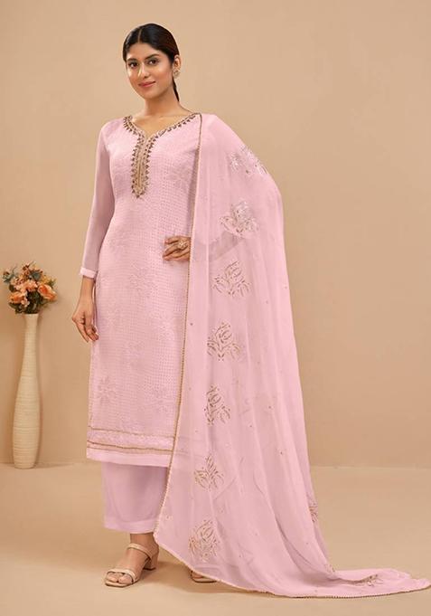 Light Pink Embroidered Georgette Kurta Set