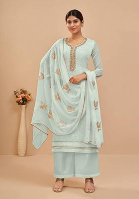 Sky Blue Embroidered Georgette Kurta Set