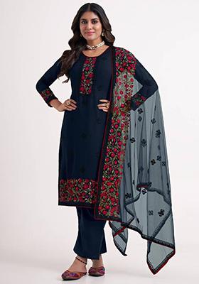Navy Blue Embroidered Georgette Kurta Set