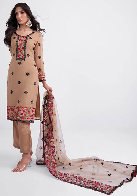 Beige Embroidered Georgette Kurta Set