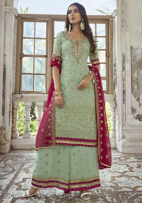 See Green Embroidered Georgette Kurta Set