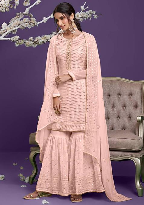 Light Peach Embroidered Georgette Kurta Set