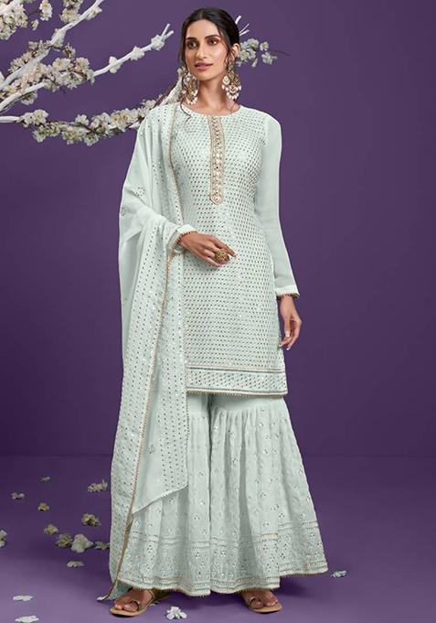 Sea Green Embroidered Georgette Kurta Set