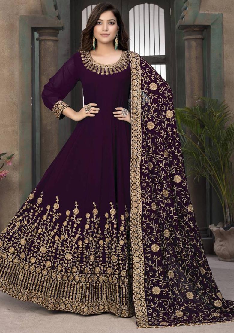 Wine Embroidered Georgette Kurta Set