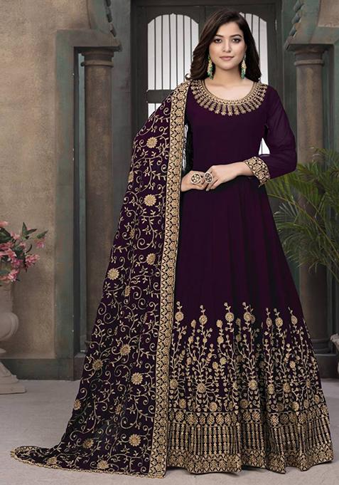 Wine Embroidered Georgette Kurta Set