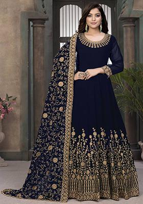 Navy Blue Embroidered Georgette Kurta Set