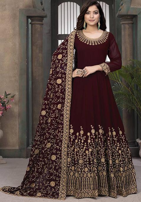 Maroon Embroidered Georgette Kurta Set