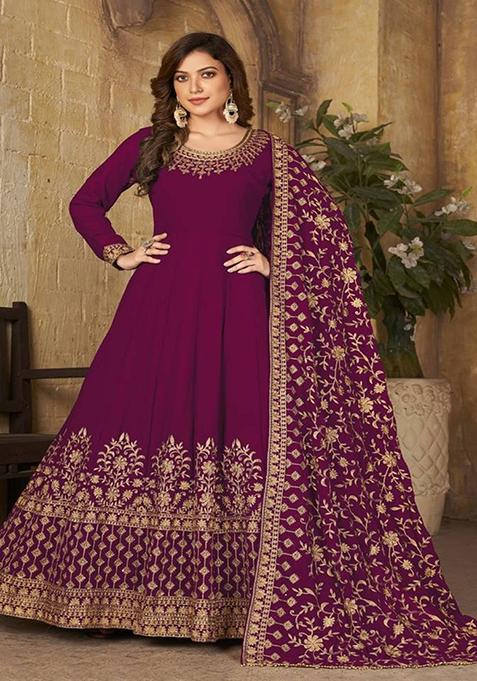 Purple Embroidered Georgette Kurta Set