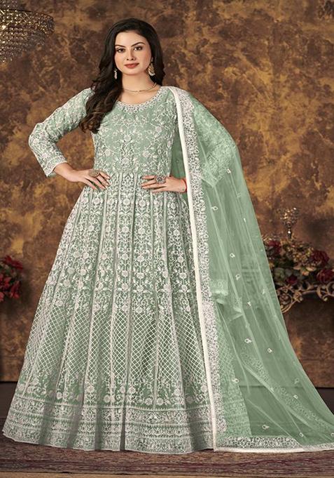 Light Green Embroidered Net Kurta Set