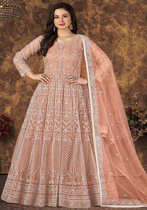 Peach Embroidered Net Kurta Set