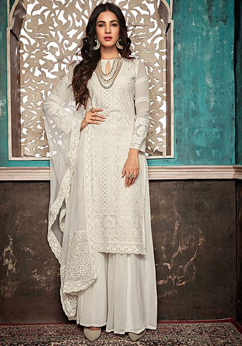 White Embroidered Georgette Kurta Set