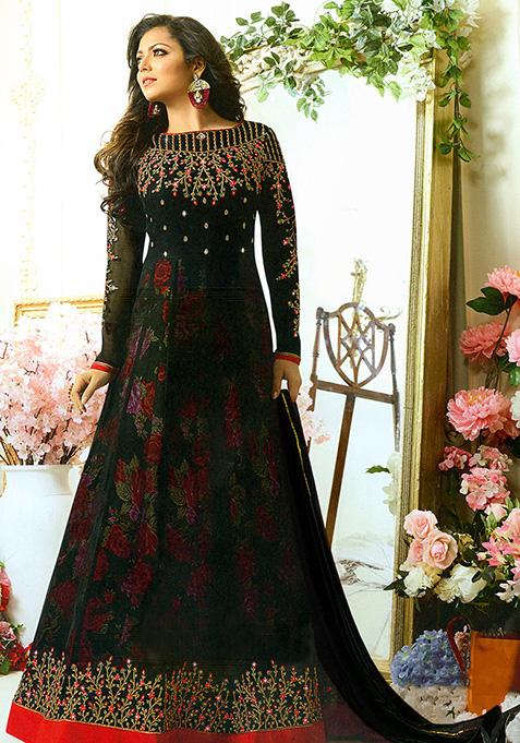 Black Embroidered Georgette Kurta Set