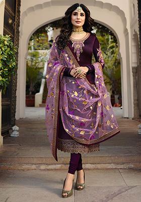 Wine Embroidered Satin Georgette Kurta Set