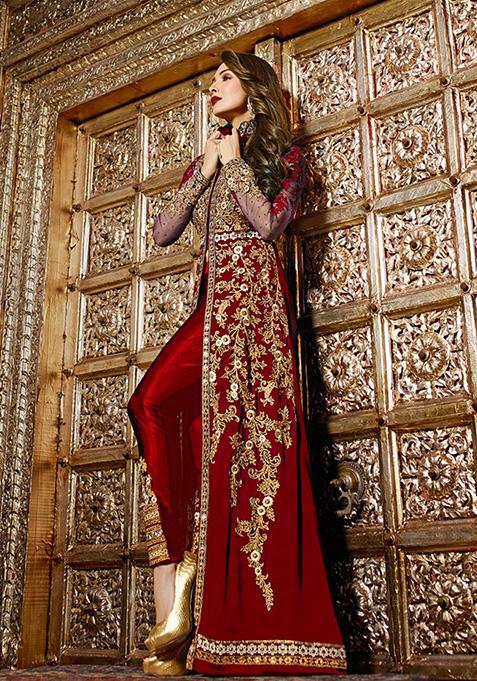 Maroon Embroidered Georgette Kurta Set