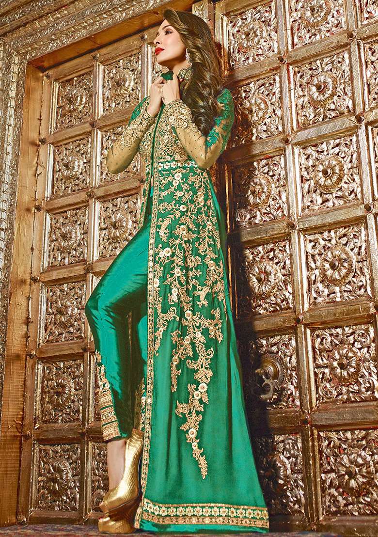 Green Embroidered Georgette Kurta Set - Indya