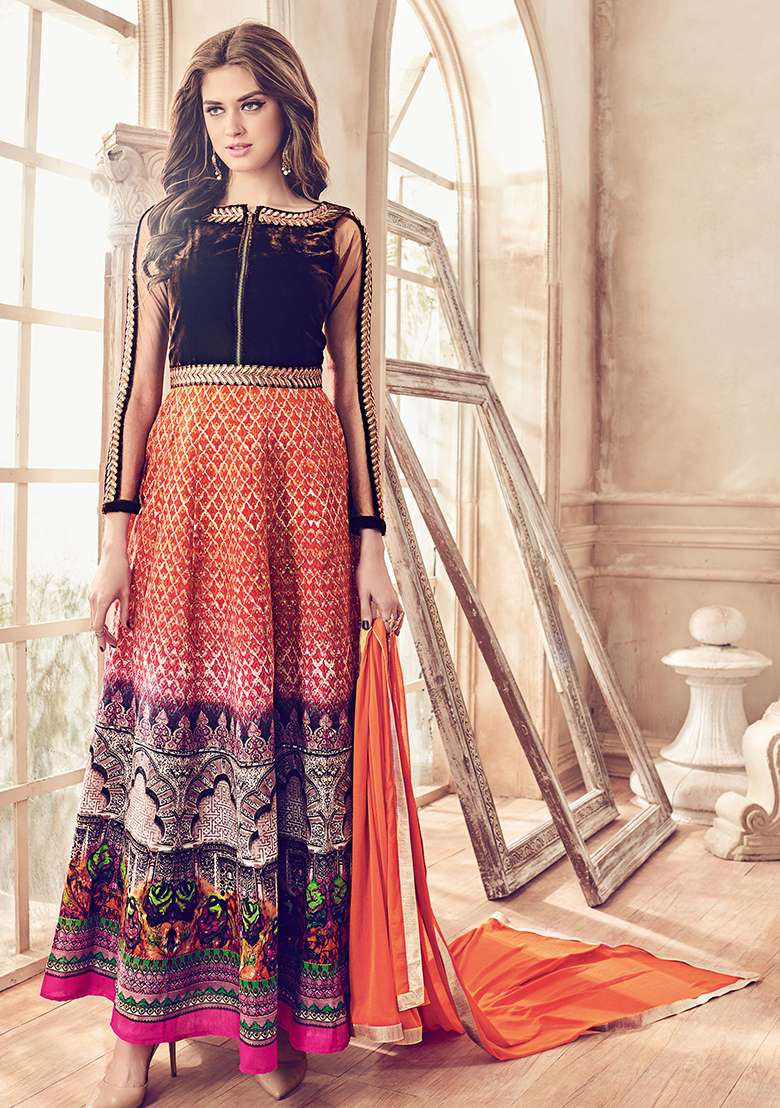 Multicolor Printed Velvet Anarkali Set - Indya