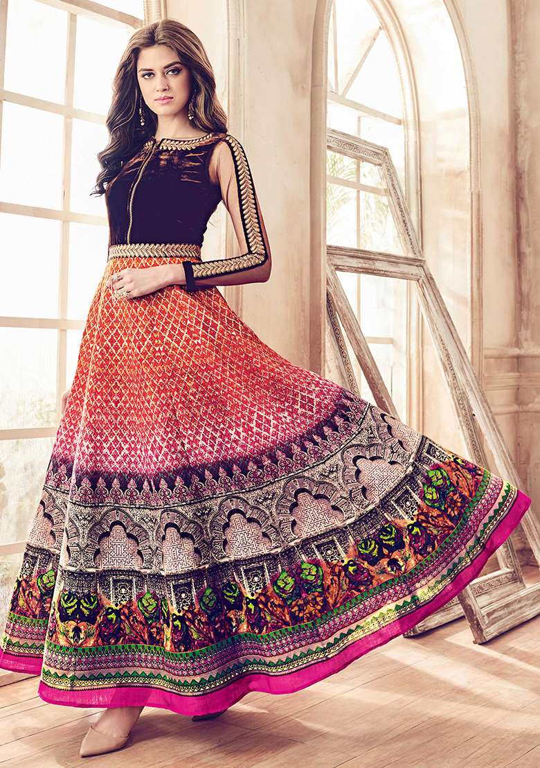 Multicolor Printed Velvet Anarkali Set - Indya