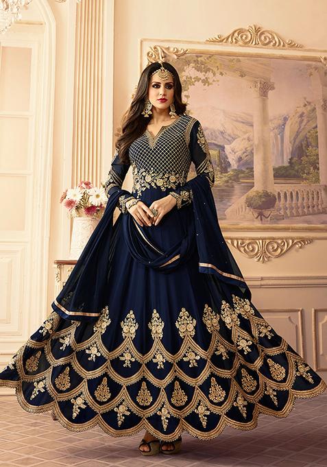 Blue Embroidered Georgette Kurta Set