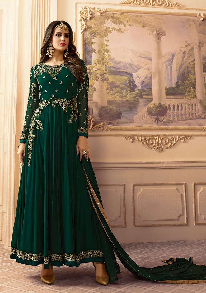 Green Embroidered Georgette Anarkali Set - Indya