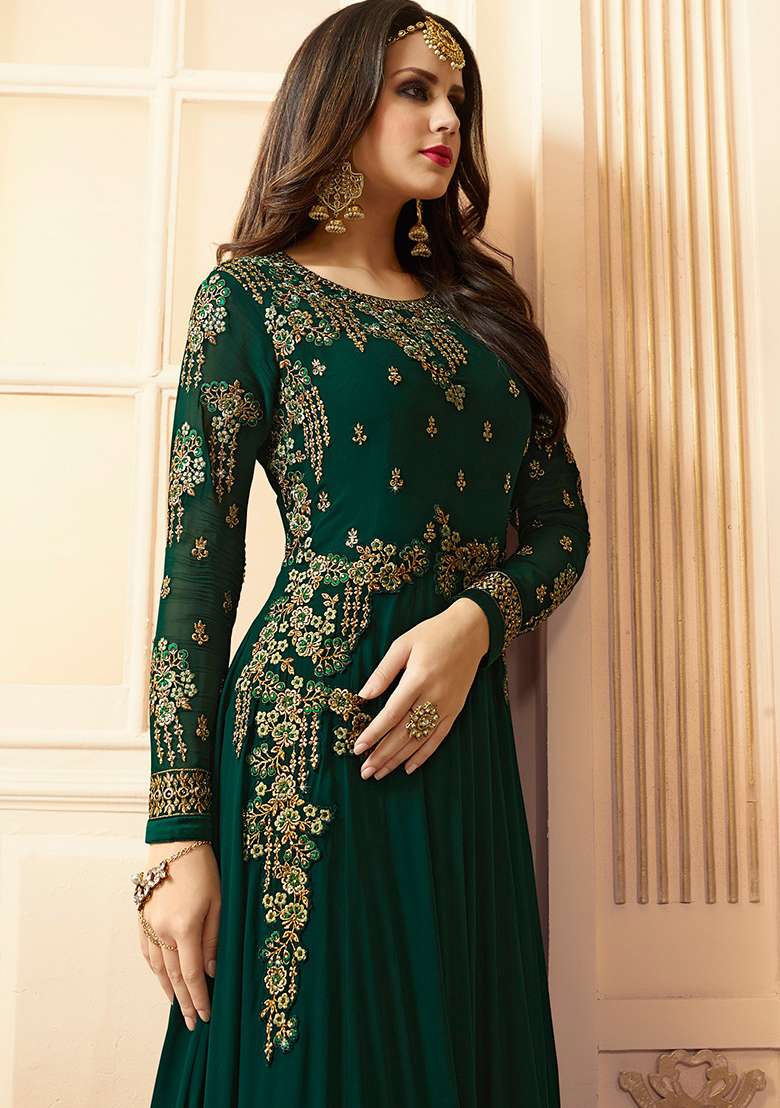 Green Embroidered Georgette Anarkali Set - Indya
