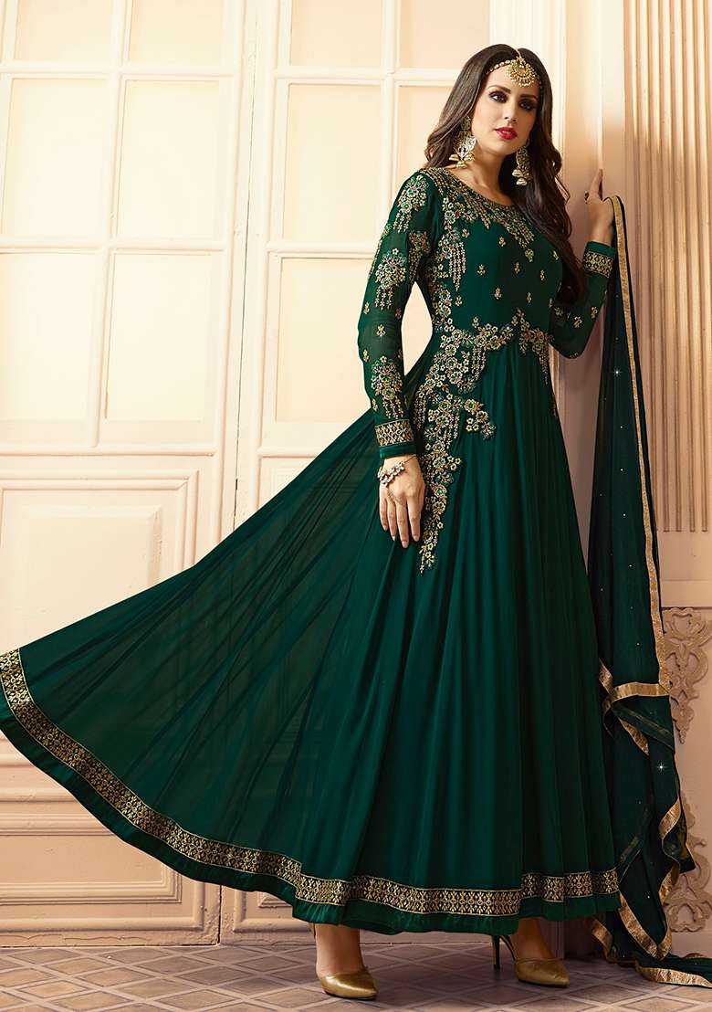 Green Embroidered Georgette Anarkali Set - Indya