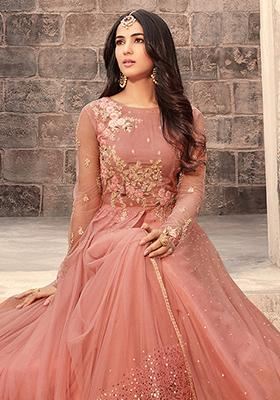 Peach Embroidered Net Kurta Set
