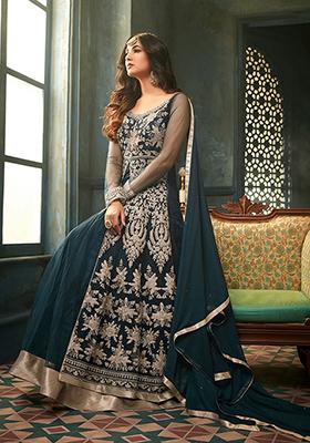 Teal Blue Embroidered Net Kurta Set