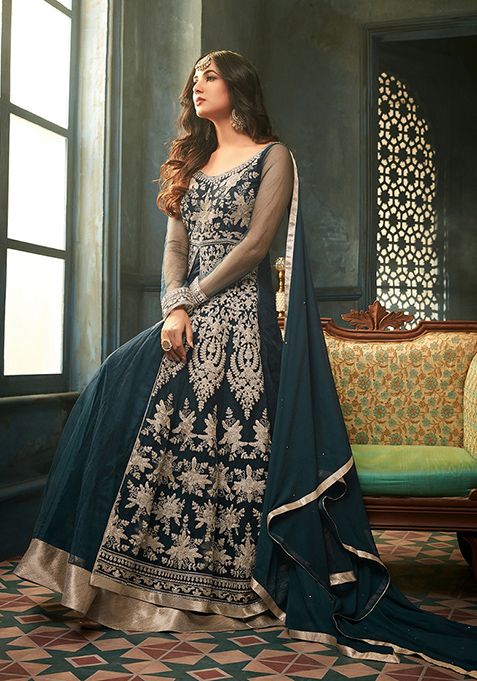 Teal Blue Embroidered Net Kurta Set