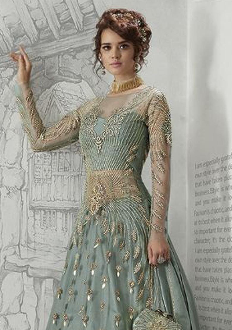 Blue Embroidered Net Kurta Set