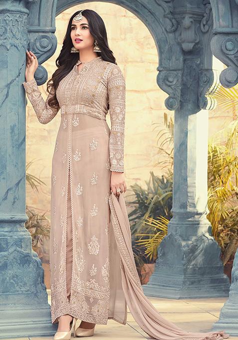 Beige Embroidered Georgette Kurta Set