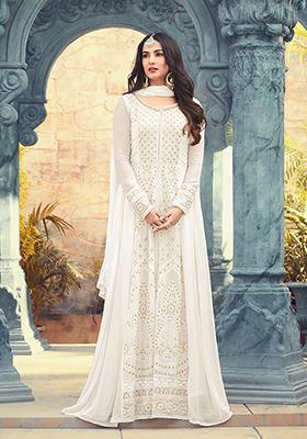 Off White Embroidered Georgette Kurta Set