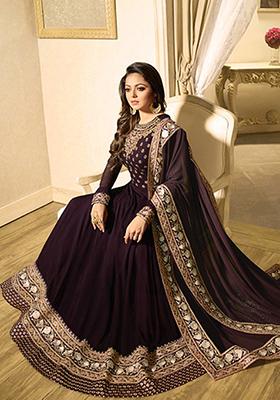 Wine Embroidered Georgette Kurta Set