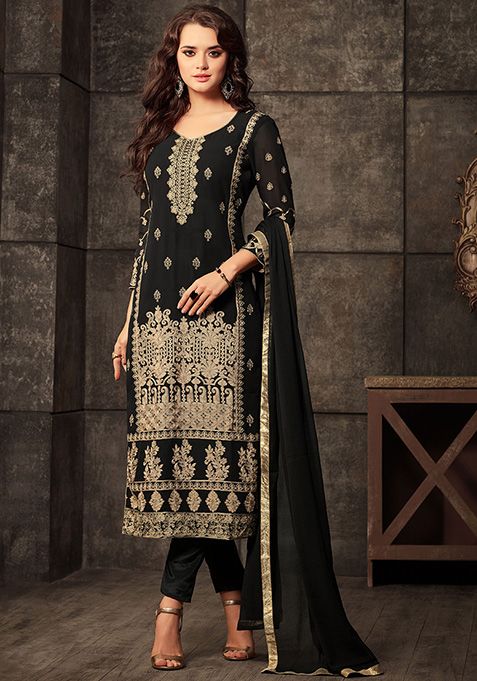 Black Embroidered Georgette Kurta Set